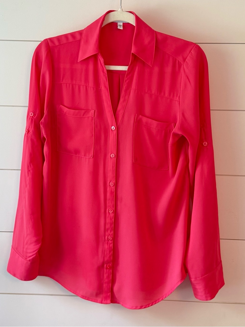 EXPRESS Portofino Coral Pink Button Front Blouse – Roll Tab Sleeve Top – Size XS